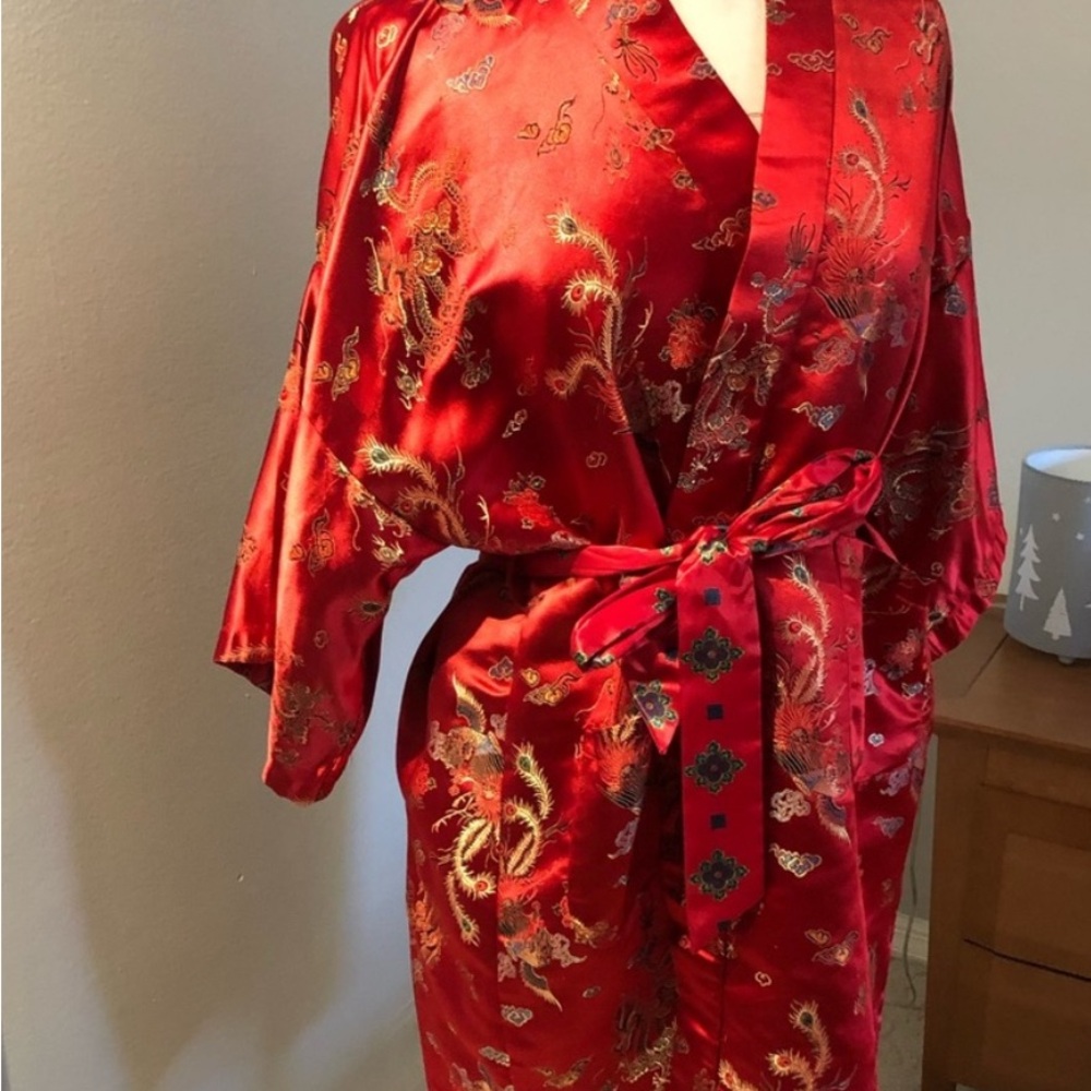 Elegant Red Satin Kimono Robe